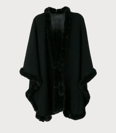 Womens Black Cashmere Rex Fur Trimmed Cape Coat