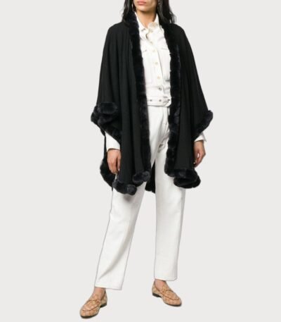 Womens Black Cashmere Rex Fur Trimmed Cape Coat