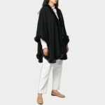 Womens Black Cashmere Rex Fur Trimmed Cape Coat