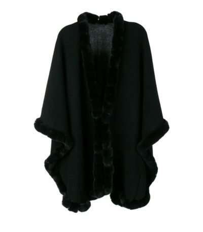 Womens Black Cashmere Rex Fur Trimmed Cape Coat
