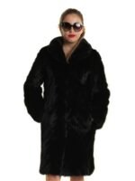 Womens Black Mink Chevron Fur Mid Length Coat