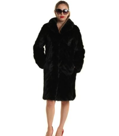 Womens Black Mink Chevron Fur Mid Length Coat