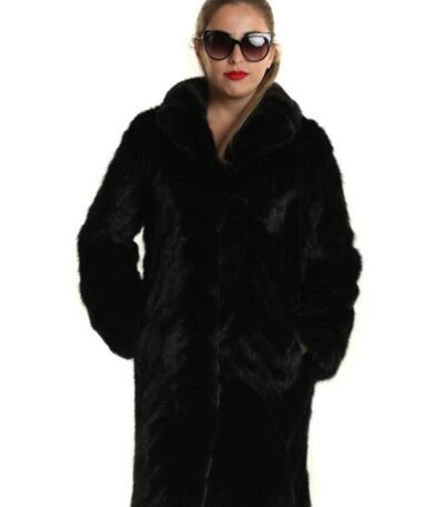 Womens Black Mink Chevron Fur Mid Length Coat