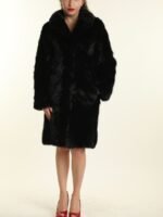 Womens Black Mink Chevron Fur Mid Length Coat
