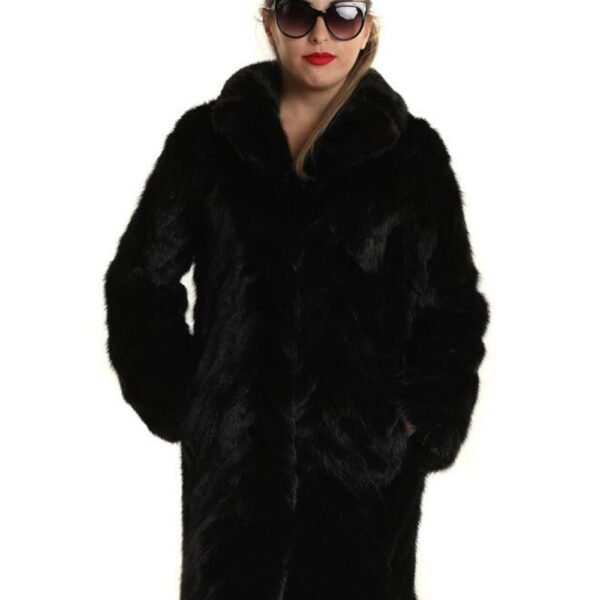 Womens Black Mink Chevron Fur Mid Length Coat