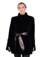 Womens Black Mink Fur Coat With Leather Belt