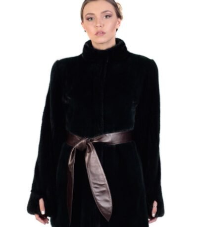 Womens Black Mink Fur Coat With Leather Belt