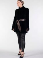 Womens Black Mink Fur Coat With Leather Belt