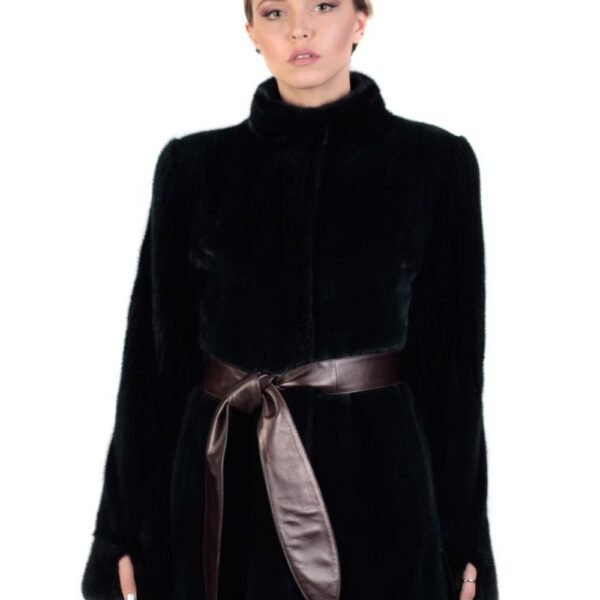 Womens Black Mink Fur Coat With Leather Belt