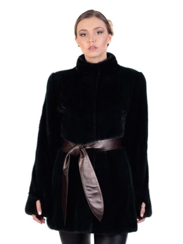 Womens Black Mink Fur Coat With Leather Belt