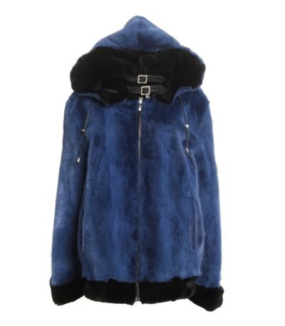 Womens Blue Hooded Mink Fur Jacket