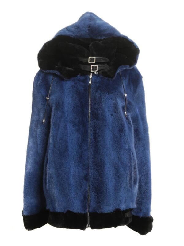 Womens Blue Hooded Mink Fur Jacket