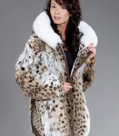 Womens Bobcat Lynx Fur Warm Coat With Hood