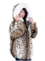 Womens Bobcat Lynx Fur Warm Coat With Hood