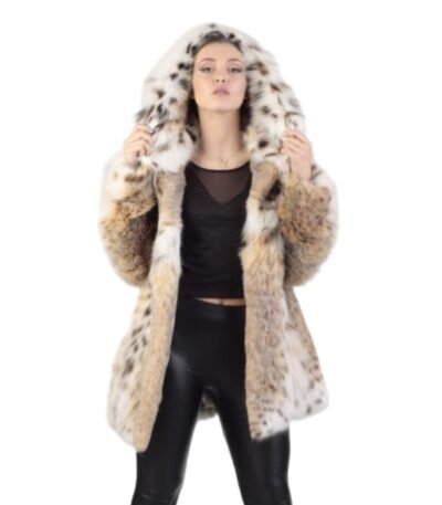 Womens Bobcat Lynx and Sable Fur Hooded Coat