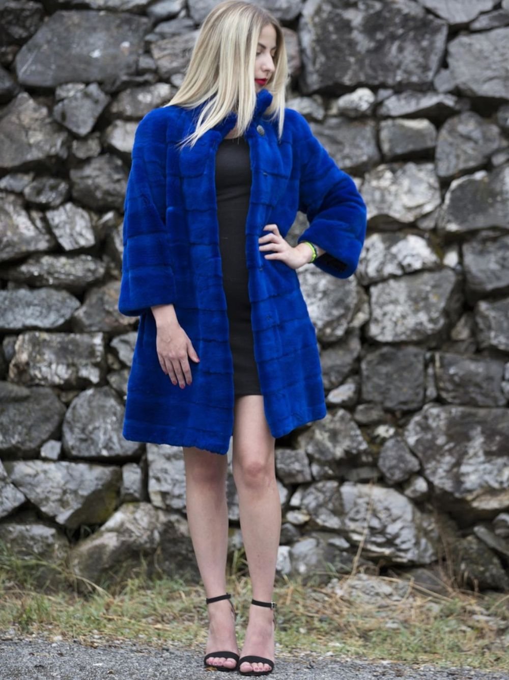 Womens Dark Blue Mink Fur Mid Length Coat Womens Dark Blue Mink Fur Mid Length Coat