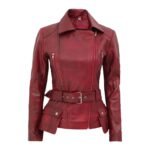Women’s Distressed Burgundy Biker Front Zipper Closure Jacket
