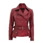 Women’s Distressed Burgundy Biker Front Zipper Closure Jacket