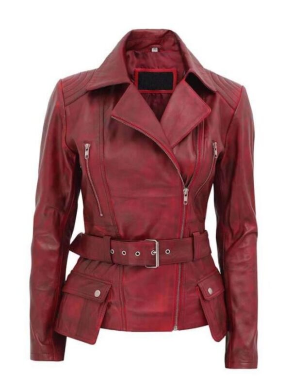 Women’s Distressed Burgundy Biker Front Zipper Closure Jacket
