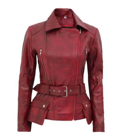 Women’s Distressed Burgundy Biker Front Zipper Closure Jacket