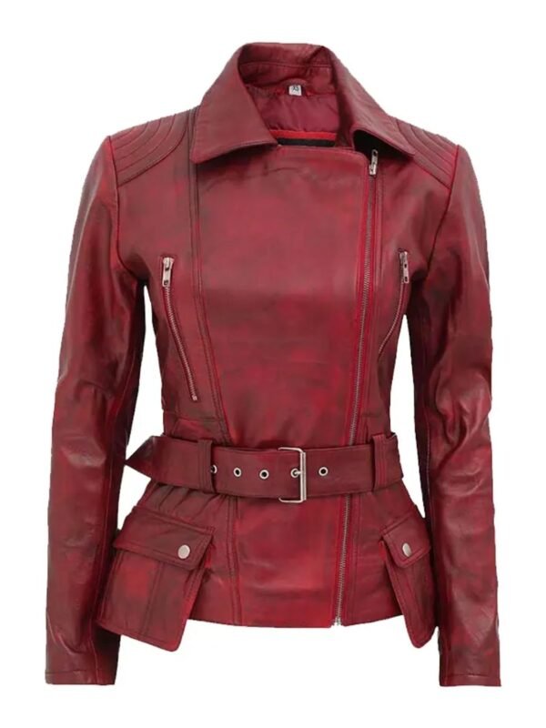 Women’s Distressed Burgundy Biker Front Zipper Closure Jacket