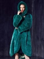 Womens Green Hooded Mink Fur Long Coat