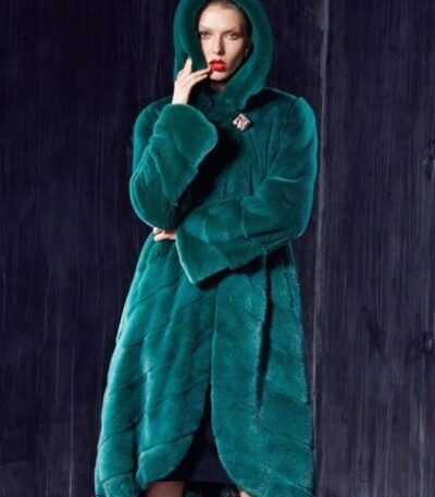 Womens Green Hooded Mink Fur Long Coat
