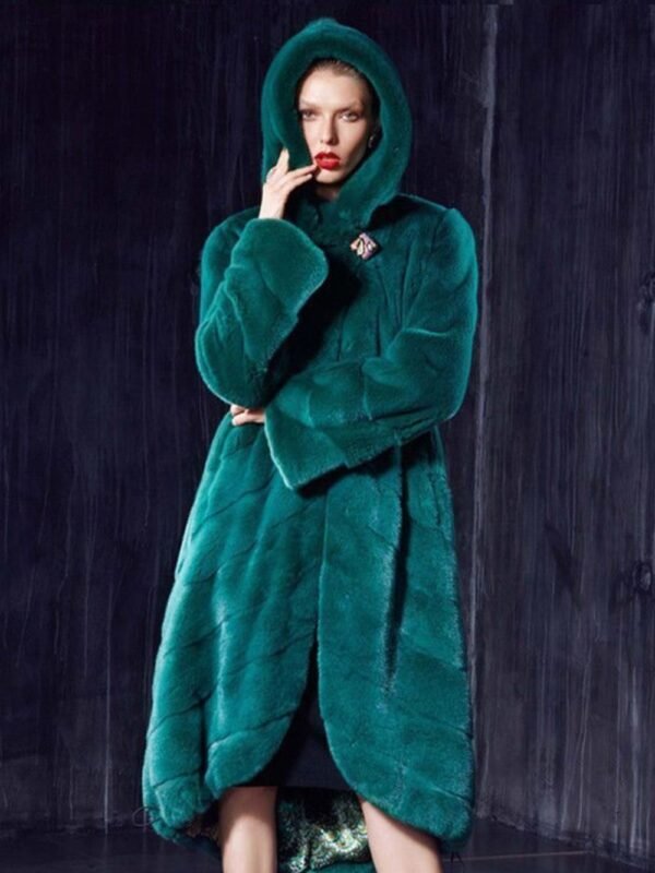 Womens Green Hooded Mink Fur Long Coat