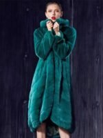 Womens Green Hooded Mink Fur Long Coat
