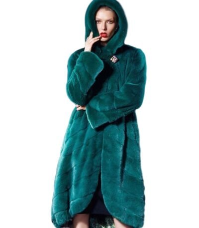 Womens Green Hooded Mink Fur Long Coat