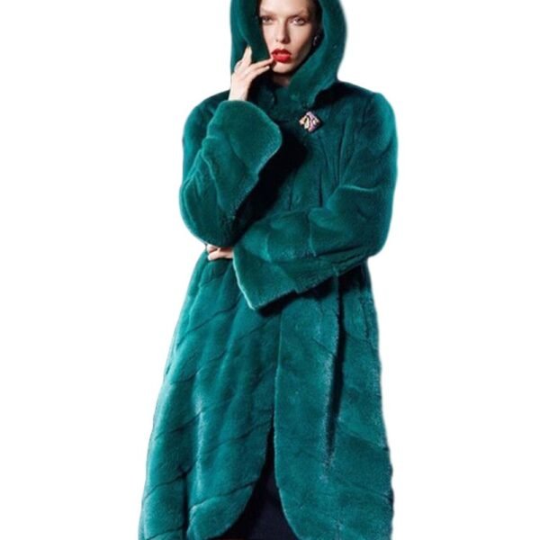 Womens Green Hooded Mink Fur Long Coat