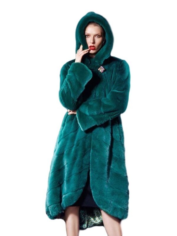 Womens Green Hooded Mink Fur Long Coat