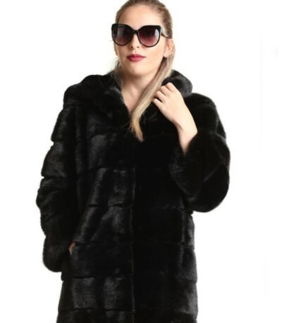 Womens Mink Fur Black Swan Hooded Coat