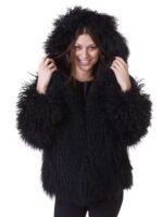Womens Mongolian Lamb Fur Black Hooded Coat