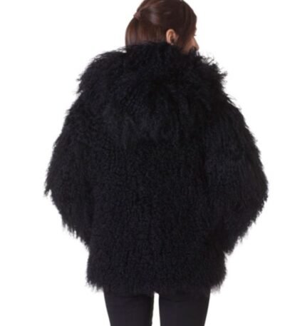 Womens Mongolian Lamb Fur Black Hooded Coat