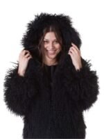 Womens Mongolian Lamb Fur Black Hooded Coat