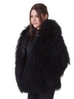 Womens Mongolian Lamb Fur Black Hooded Coat