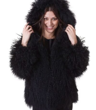 Womens Mongolian Lamb Fur Black Hooded Coat