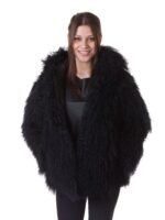 Womens Mongolian Lamb Fur Black Hooded Coat