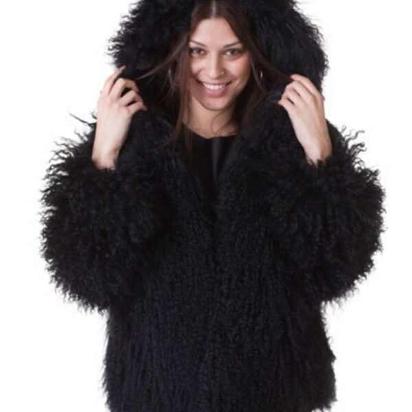 Womens Mongolian Lamb Fur Black Hooded Coat