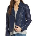 Womens Navy Blue Biker Real Leather Jacket