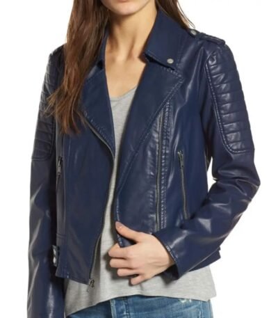 Womens Navy Blue Biker Real Leather Jacket