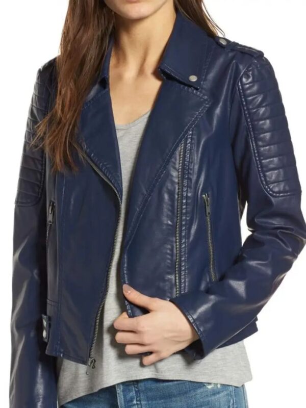 Womens Navy Blue Biker Real Leather Jacket