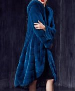 Womens Navy Blue Hooded Mink Fur Long Coat