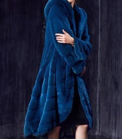 Womens Navy Blue Hooded Mink Fur Long Coat