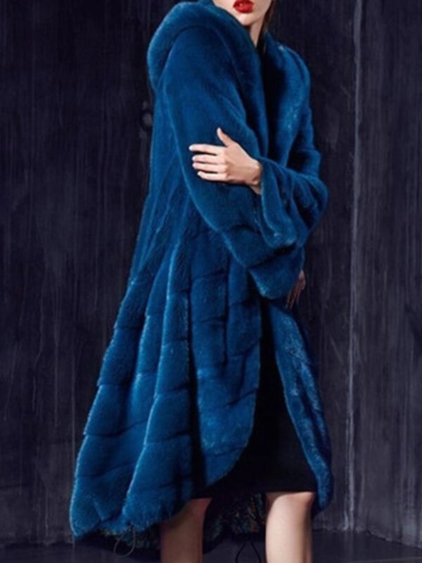 Womens Navy Blue Hooded Mink Fur Long Coat