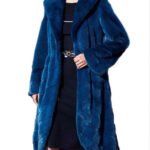 Womens Navy Blue Hooded Mink Fur Long Coat