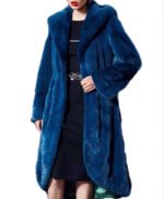 Womens Navy Blue Hooded Mink Fur Long Coat