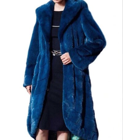 Womens Navy Blue Hooded Mink Fur Long Coat