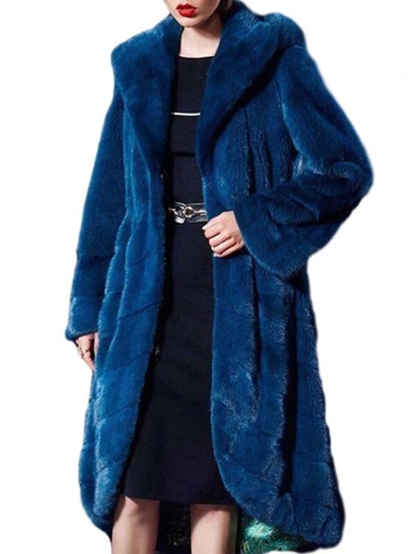 Womens Navy Blue Hooded Mink Fur Long Coat